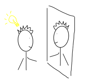 Getekend poppetje die in de spiegel kijkt en persoonlijk leiderschap neemt
